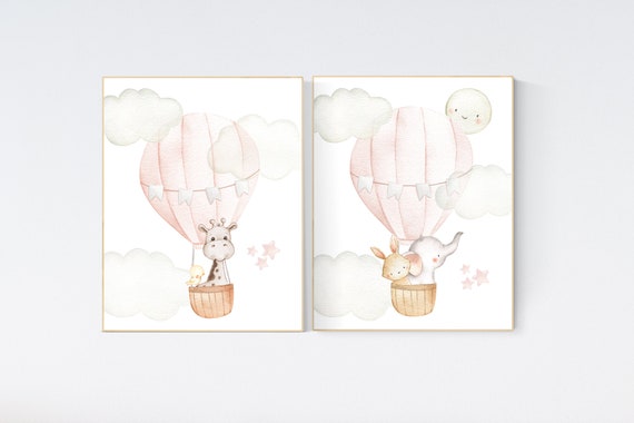 Blush nursery wall art, Nursery decor girl, hot air balloon nursery, blush pink nursery, nursery decor woodland animals, hot air balloon