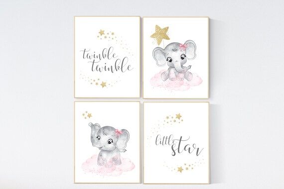 Nursery decor girl elephant, pink and gold nursery, twinkle twinkle little one, pink nursery art, cloud and stars, baby room decor, wall art