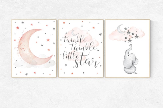 Nursery decor elephant, Nursery decor girl coral, twinkle twinkle little star, cloud and stars, moon and stars nursery, coral and gray