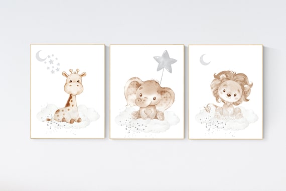 Nursery wall art animals, gray nursery, gender neutral nursery, neutral nursery, baby room decor, lion, elephant, giraffe, animal prints