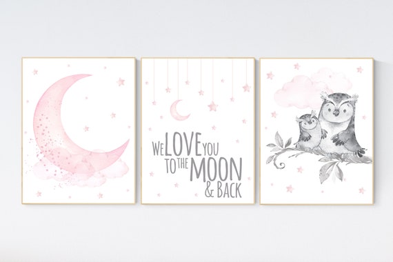 Nursery decor girl, nursery decor girl pink and gray, owl nursery decor, pink and gray nursery, owl print for nursery, baby room wall art