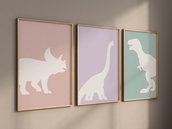 Dinosaur Prints, T-Rex Print, Triceratops Print, Brachiosaurus print, Dinosaur Wall art, girl nursery, pastel colors, pink purple teal