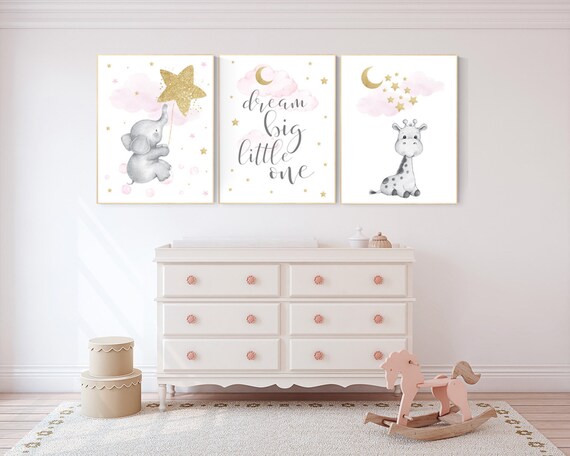 Nursery wall art girl, baby room decor girl gold and pink, giraffe nursery,  elephant nursery wall art, dream big little one, cloud, stars