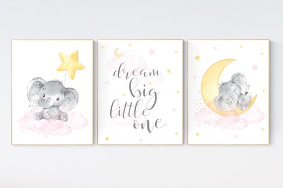 Nursery decor girl and yellow, Elephant nursery, nursery wall art elephant,  baby room, girl nursery, dream big little one, pink yellow