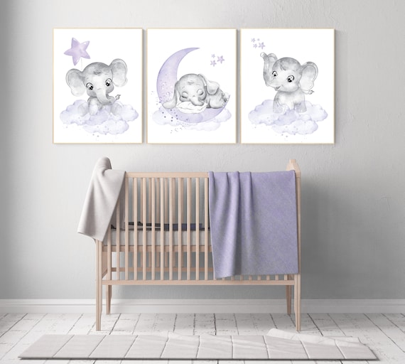 Girls room decor lavender, Nursery decor girl purple, nursery decor elephant girl, moon and stars, nursery decor girl lavender, lilac