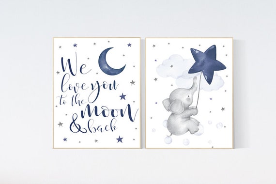 Nursery decor boy elephant, nursery wall art elephant, baby room decor boy, moon and stars, we love you to the moon and back, navy blue