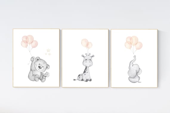nursery decor girl blush gray, Animal nursery, nursery decor girl woodland animals, teddy bear, elephant, giraffe, baby girl nursery prints