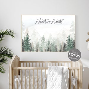 Adventure Awaits, Woodland nursery decor, forest nursery decor, sage green wall art, mountain wall art nursery, adventure nursery prints