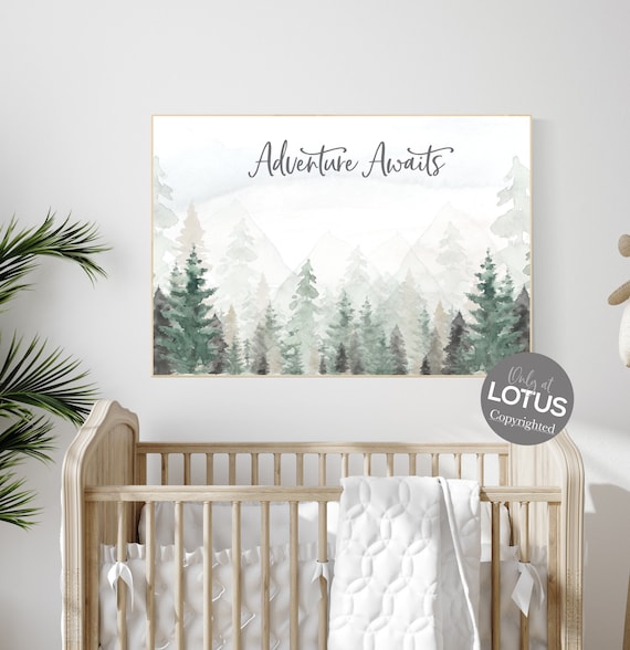 Adventure Awaits, Woodland nursery decor, forest nursery decor, sage green wall art, mountain wall art nursery, adventure nursery prints