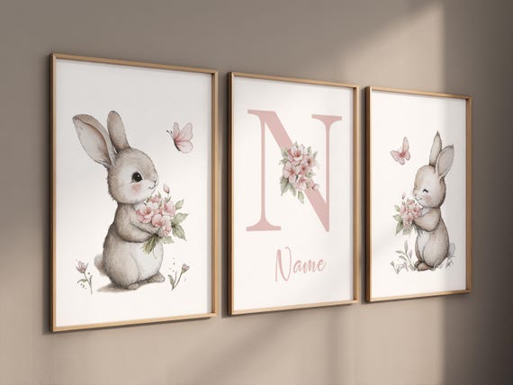 Nursery wall art girl bunny, bunny nursery print, Bunny Floral Watercolor Prints, bunny nursery decor, Wildflower Nursery, bunny nursery