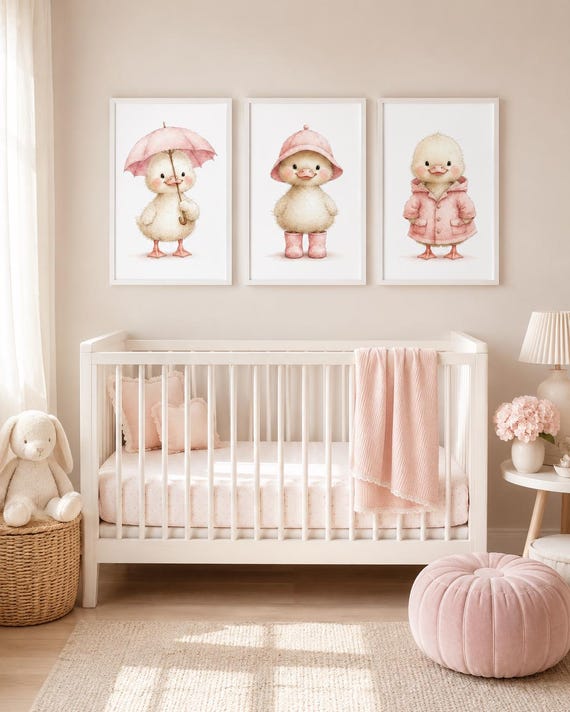 Duck Nursery Wall Art Set of 3, Pink Duckling Prints, Baby Girl Nursery Decor