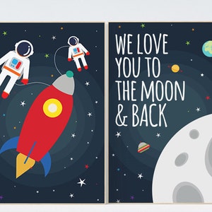 We love you to the moon and back, Space nursery decor, boys room wall art, baby boy, moon print, playroom decor, kids room, space decor