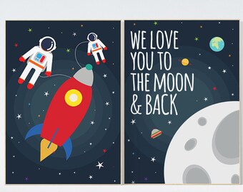 We love you to the moon and back, Space nursery decor, boys room wall art, baby boy, moon print, playroom decor, kids room, space decor