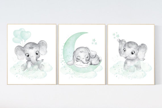 Elephant nursery art, elephant nursery print, mint nursery decor, moon and stars, baby room wall art, gender neutral, aqua, mint green