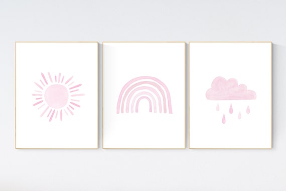 Nursery prints rainbow, Nursery decor girl, nursery wall art, pink nursery, moon star, cloud, nursery wall art, light pink, girl nursery