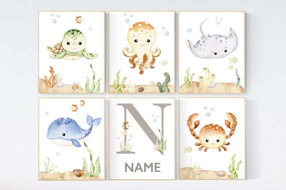 Ocean Animal Prints, Under the Sea Nursery Prints, Sea Animal Wall Art, Playroom Decor, gender neutral nursery, nursery prints, sea themed