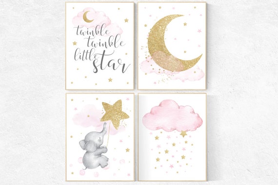 Nursery decor girl elephant, pink and gold nursery, twinkle twinkle little one, pink nursery art, cloud and stars, baby room decor, wall art