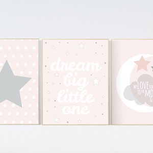 Pink nursery art, dream big little one, nursery decor, pale pink, moon nursery, baby girl nursery wall art, girls room, nursery girl decor
