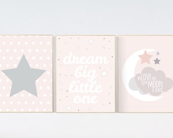 Pink nursery art, dream big little one, nursery decor, pale pink, moon nursery, baby girl nursery wall art, girls room, nursery girl decor