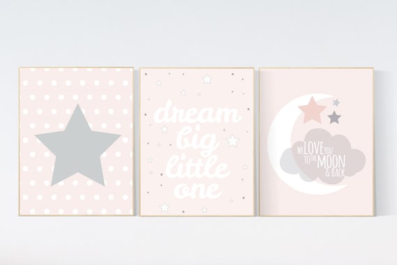 Pink nursery art, dream big little one, nursery decor, pale pink, moon nursery, baby girl nursery wall art, girls room, nursery girl decor