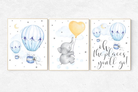 Nursery art neutral, hot air balloon nursery, gender neutral, Oh the places you'll go, moon and stars, baby room decor, nursery prints