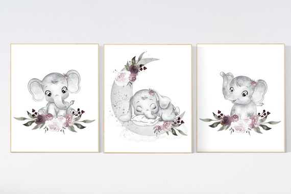 Purple nursery, plum nursery decor, elephant nursery, Boho baby room, nursery decor girl, nursery decor girl floral, purple, burgundy