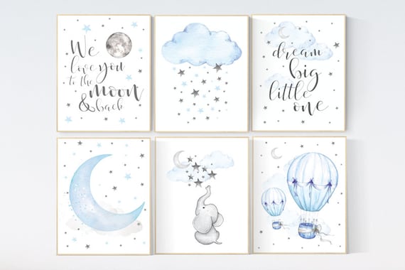 Nursery decor boy elephant, nursery wall art boy, moon and stars, hot air balloon, elephant nursery art, Blue and gray, cloud nursery