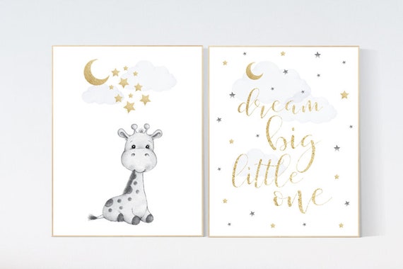 Nursery decor giraffe, gold nursery decor, cloud and stars, moon and stars, dream big little one, baby room wall art, giraffe nursery