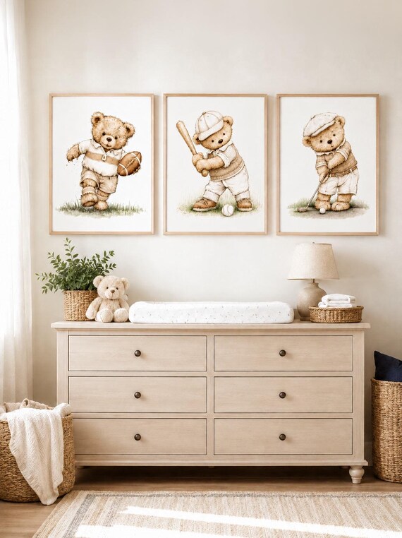 Neutral Sports Bear Nursery Wall Art Set of 3, Baby Boy Sports Print