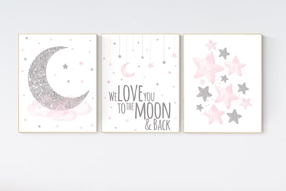 Nursery wall art girl, pink and silver nursery, cloud, stars, pink nursery art, cloud and stars, baby room decor for girls, pink silver