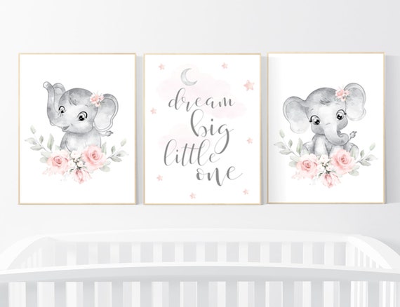 Nursery decor girl flower, blush, elephant nursery wall art, nursery decor girl floral, nursery decor girl woodland, floral nursery, boho