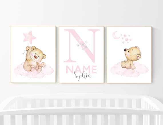 Nursery decor bear, nursery decor girl, bear nursery print, teddy bear decor, nursery wall art animals, girl nursery, pink nursery