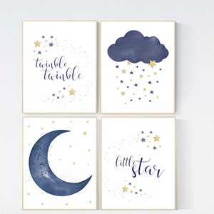 Navy Gold Nursery Prints: Moon, Stars, Twinkle Decor