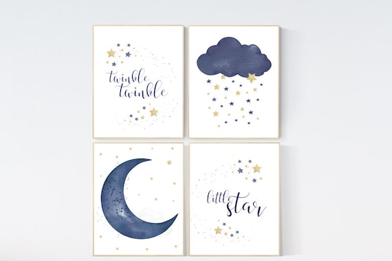 Navy gold nursery decor, boy nursery decor, moon and stars, navy and gold, twinkle twinkle little star, nursery wall decor, navy prints