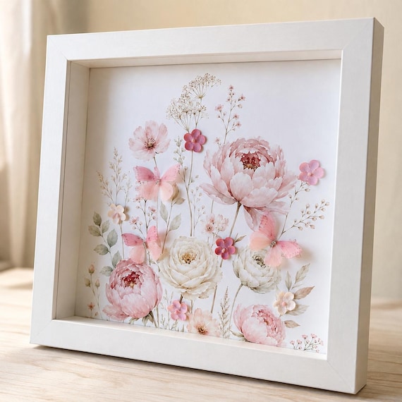 Pink Floral Butterfly Shadow Box, 9x9 Framed Nursery Art with 3D Accents