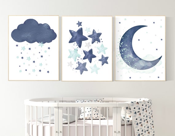 Navy mint nursery decor, cloud and stars, moon and stars, navy teal nursery art. baby room wall art, boy nursery decor, set of 3, navy aqua