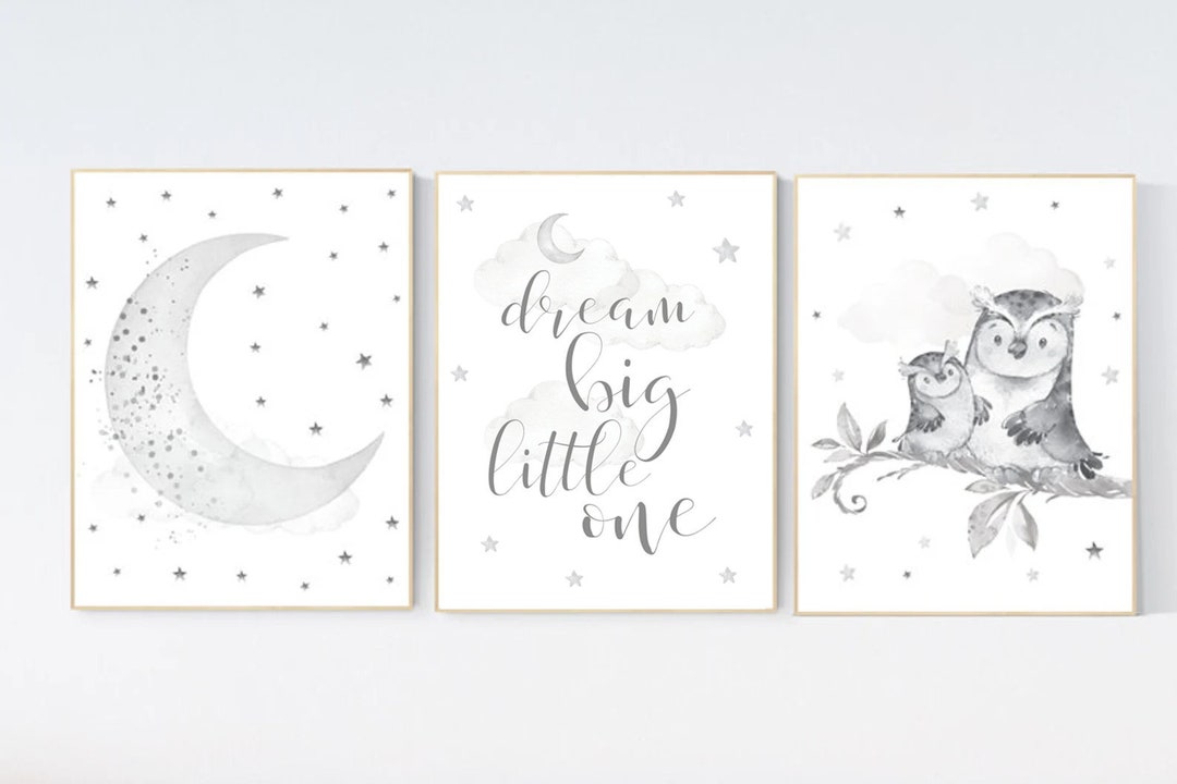 Nursery Wall Art Grey, Gray Nursery, Gender Neutral Nursery, Owl Nursery, Moon, Stars, Grey