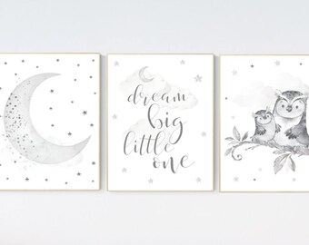 Nursery wall art grey, gray nursery, gender neutral nursery, owl nursery, moon, stars, grey nursery wall decor, baby room art prints