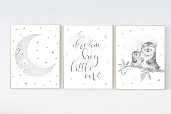 Nursery wall art grey, gray nursery, gender neutral nursery, owl nursery, moon, stars, grey nursery wall decor, baby room art prints