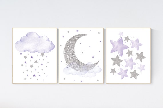 Nursery decor girl, moon and stars, Purple silver, lilac silver, baby room decor girl, lavender, cloud and stars, baby room, girl room ideas