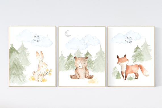 Nursery decor woodland, Woodland Nursery Wall Art, Woodland Print Set, Woodland Animal Prints, nursery decor neutral, gender neutral,