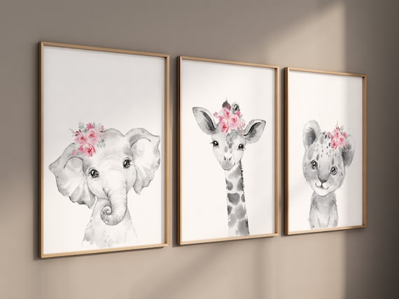 Girl nursery decor, Nursery wall art animals, Safari animals, Floral Nursery Prints, pink nursery, girls nursery decor, elephant nursery