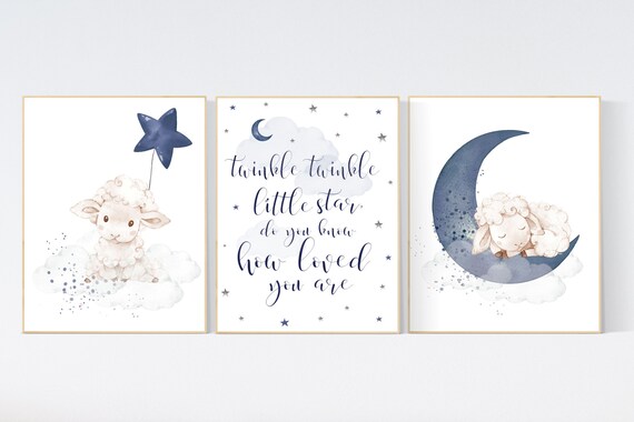 Sheep nursery decor, Nursery decor boy, nursery decor lambs, nursery wall art sheep, moon and cloud wall art nursery, navy nursery wall art