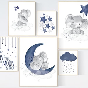 Nursery decor boy elephant, nursery wall art boy, navy Blue, moon and stars, navy nursery, boy nursery decor, elephant nursery art, star