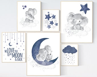 Nursery decor boy elephant, nursery wall art boy, navy Blue, moon and stars, navy nursery, boy nursery decor, elephant nursery art, star