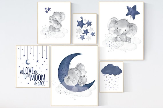 Nursery decor boy elephant, navy blue nursery wall art, cloud, stars, navy nursery, boy nursery wall art, we love you to the moon and back