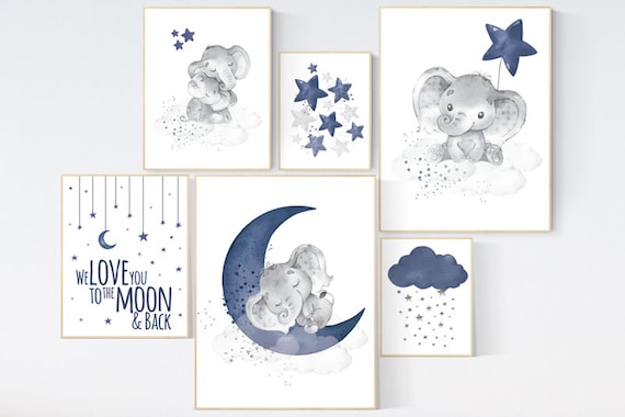 Nursery decor boy elephant, nursery wall art boy, navy Blue, moon and stars, navy nursery, boy nursery decor, elephant nursery art, star