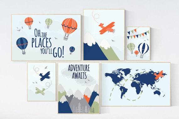 Adventure nursery decor, Nursery decor boy mountains adventure, nursery decor boy airplane, world map nursery, adventure awaits, navy yellow