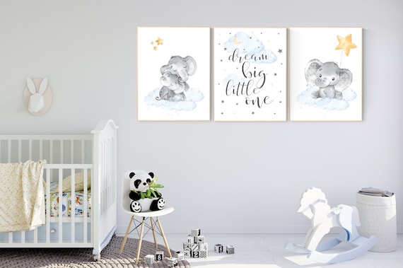 Nursery wall art elephant, moon and stars, gender neutral, baby room decor, elephant balloon, dream big little one, baby room decor ideas