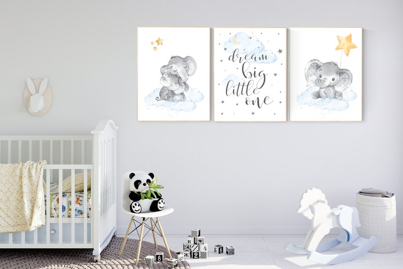 Nursery Wall Art Elephant Moon And Stars Gender Neutral Etsy